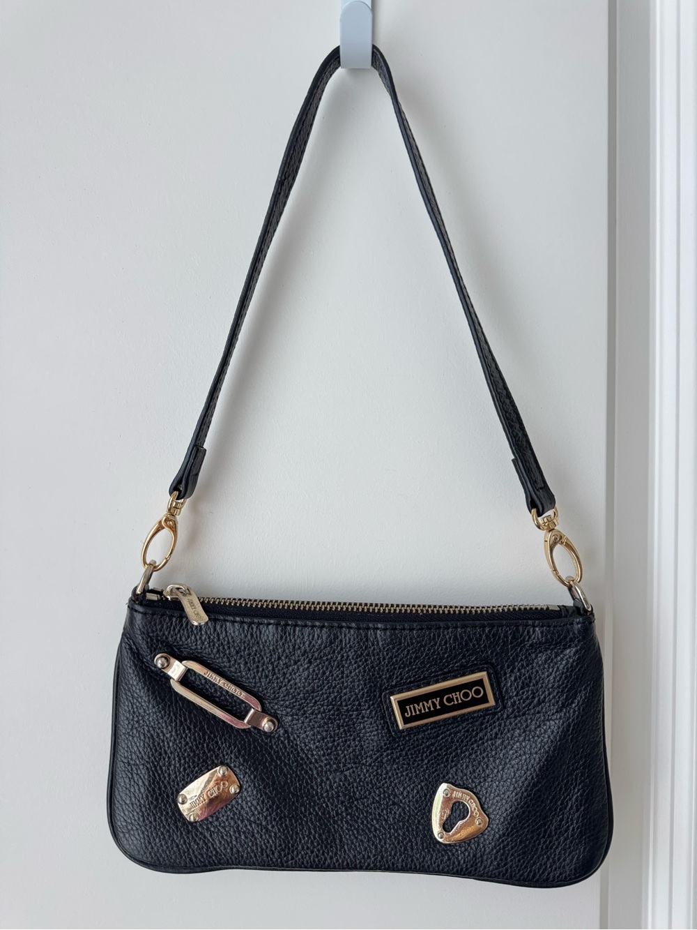 Vintage Rare Y2K Jimmy Choo Black Leather Shoulder Bag with Gold Hardware